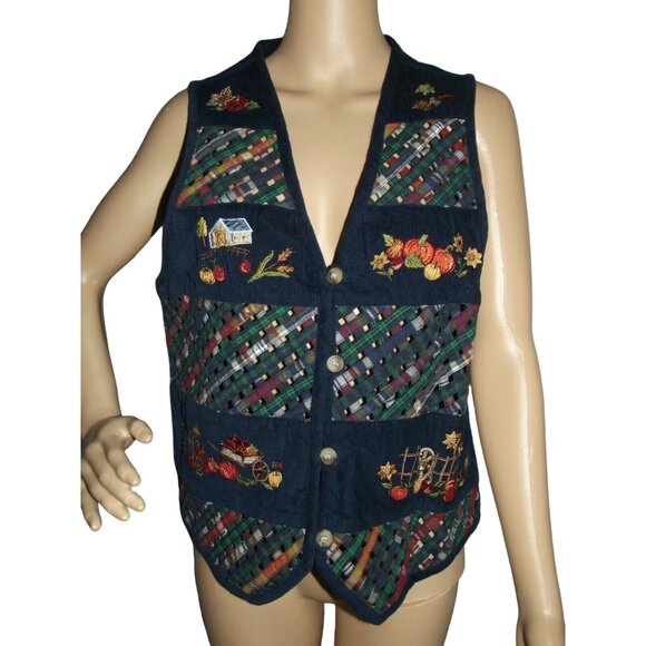 Casey & Max Vest Womens Medium Blue Pumpkin Autumn Fall Lattice Strip Embroidery - Picture 1 of 11
